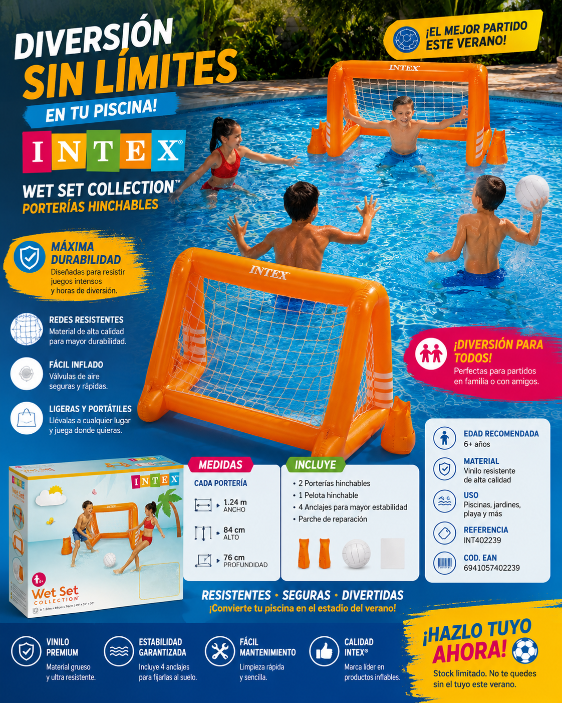 Portería Hinchable Infantil Intex Wet Set Collection | 124 × 84 × 76 cm | Incluye Balón Inflable | Juego para Piscina y Jardín | +6 Años
