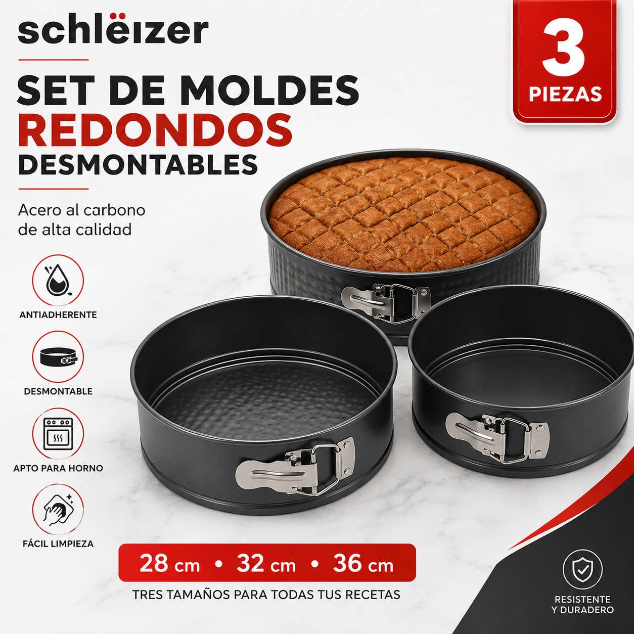 Pack de 3 Moldes Redondos Desmontables para Horno Antiadherentes | Acero al Carbono de Alta Calidad | 28, 32 y 36 cm | Repostería Profesiona