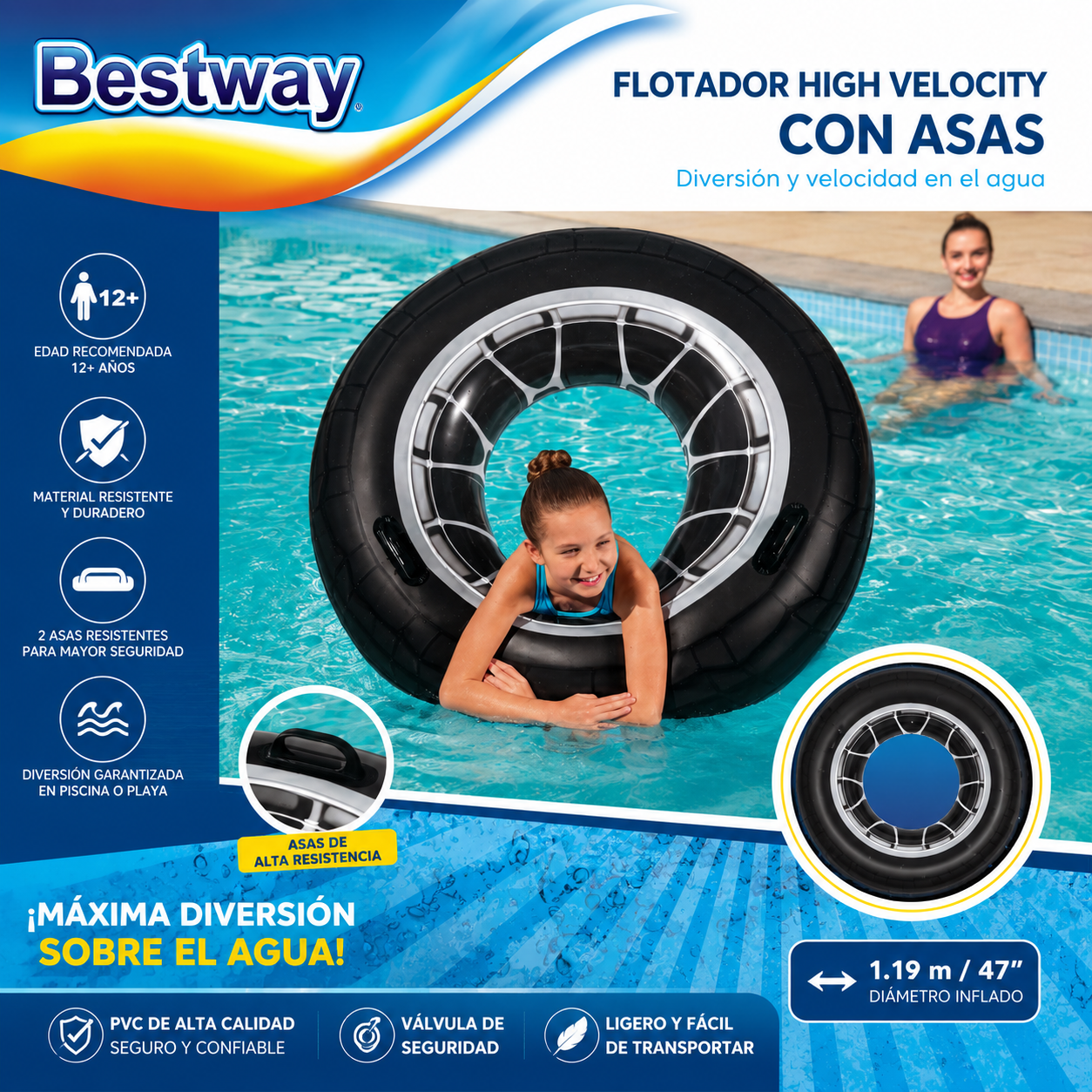 Bestway Flotador Hinchable XXL con Asas | Diseño Neumático Gigante 119 cm | Vinilo Reforzado | Ideal para Piscina, Playa y Lago | +12 Años