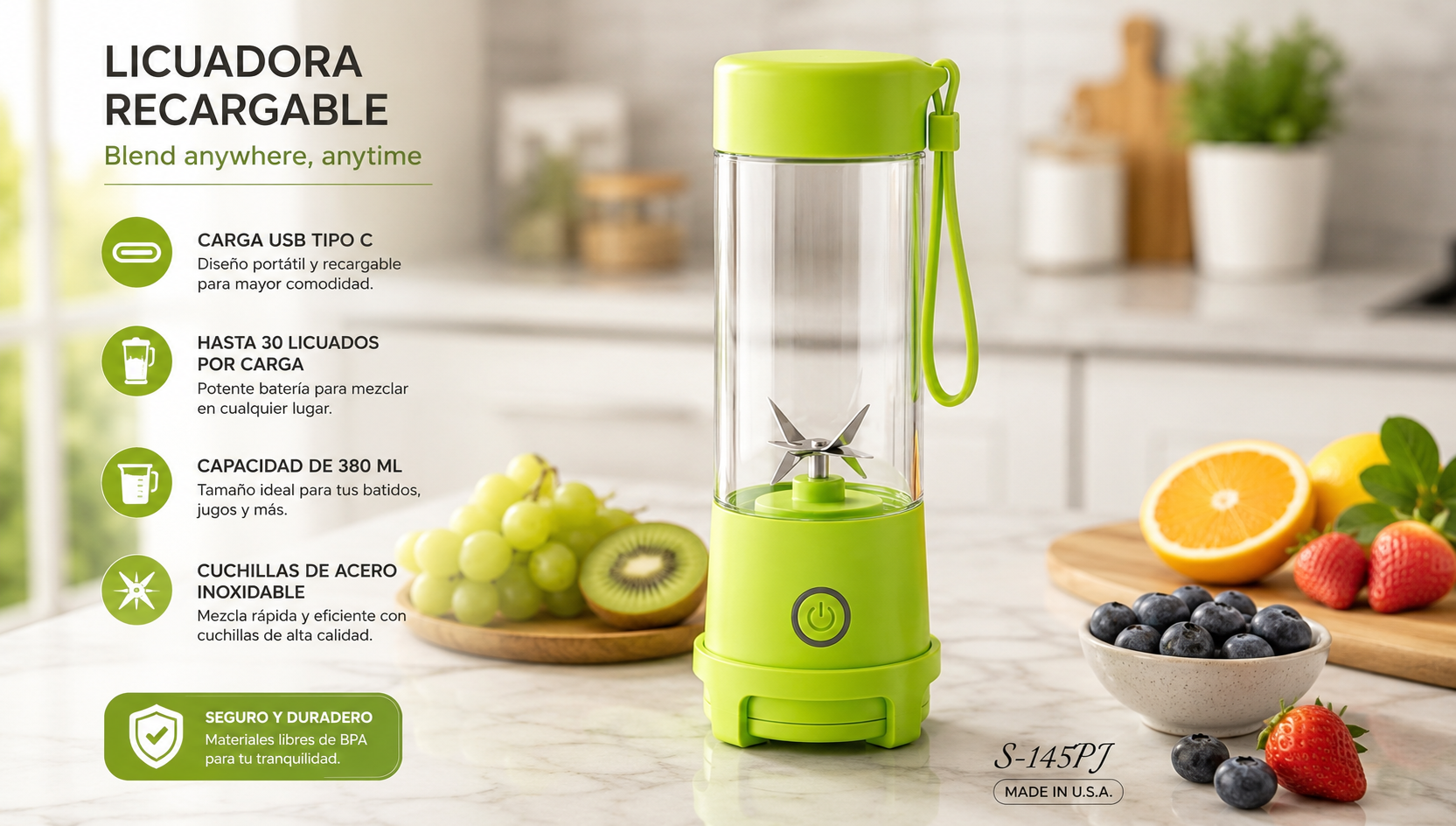 🔥 Licuadora Portátil Recargable SPARK 380 ml | USB-C, Compacta y Potente 🔥 Disfruta de bebidas frescas y saludables en cualquier momento y lugar. 🥤✨