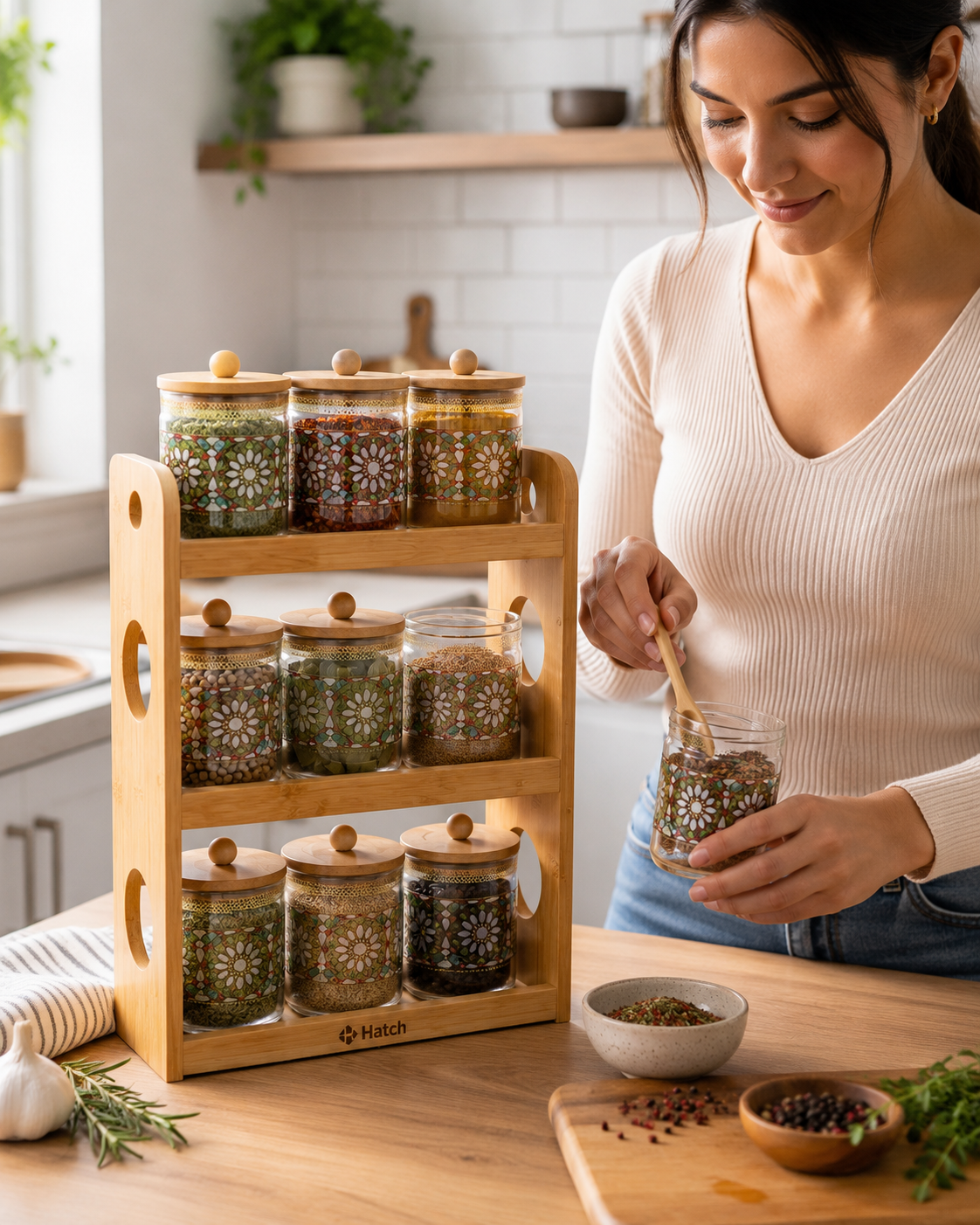 🔥 Set de Especieros Decorativos 9 Piezas | Frascos de Vidrio con Tapas de Bambú y Soporte Incluido 🔥 La combinación perfecta de organización, elegancia y funcionalidad para mantener tu cocina siempre impecable. 🌿✨🏡