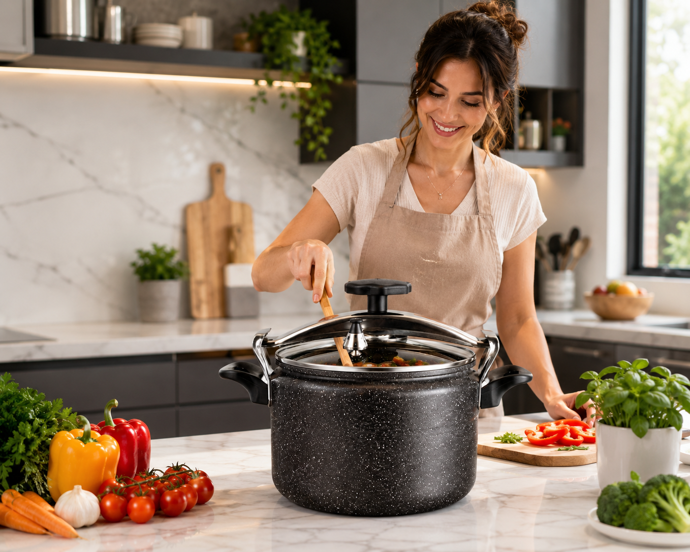 🔥 Olla a Presión de Aluminio Efecto Granito | Cocción Rápida, Segura y Duradera 🔥 La combinación perfecta de resistencia, elegancia y rendimiento para preparar tus mejores recetas. 🍽️✨👨🍳