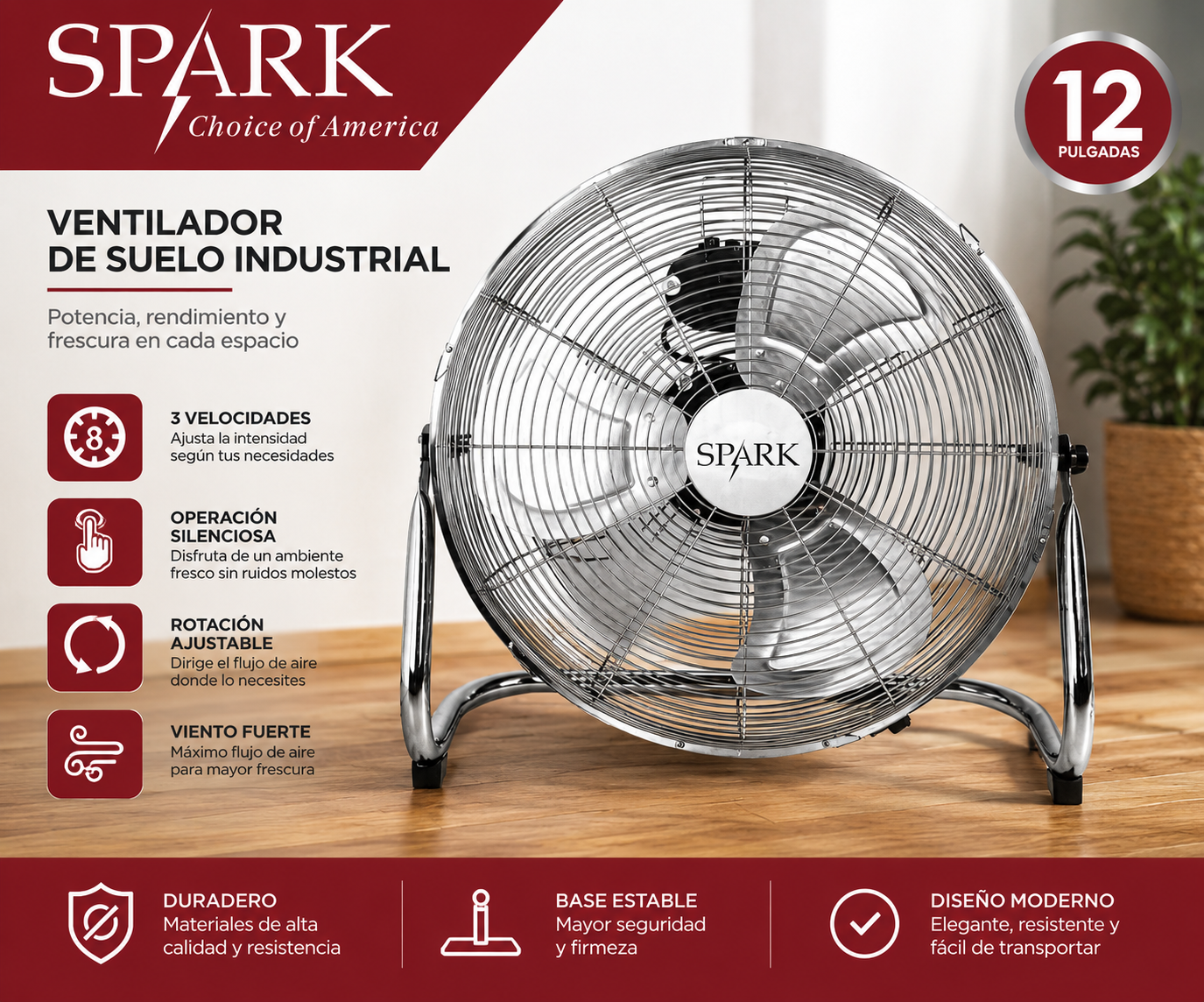 Ventilador de Suelo Industrial SPARK 12" | 3 Velocidades | Operación Silenciosa | Inclinación Ajustable | Potente Flujo de Aire