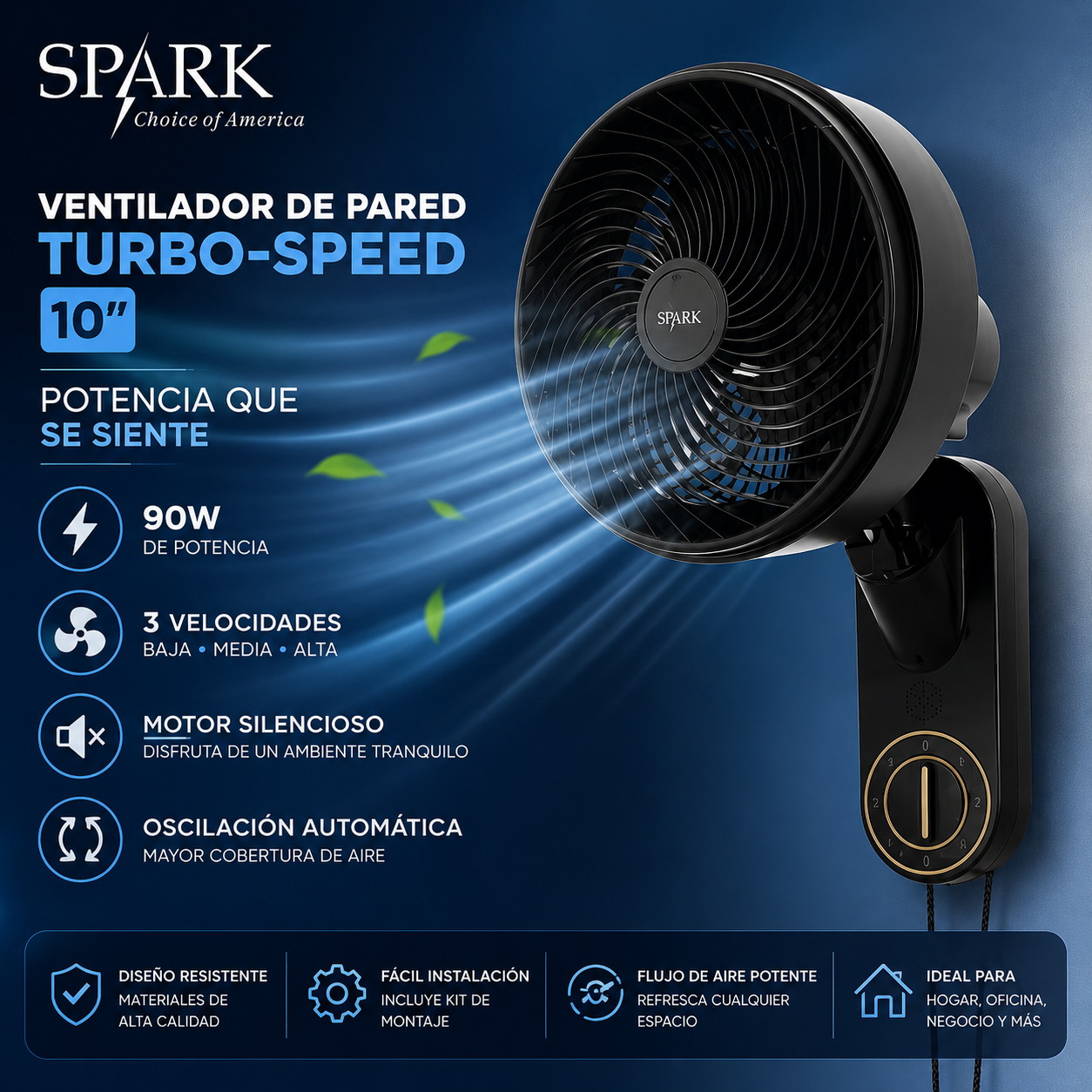 Ventilador de Pared SPARK Turbo-Speed 10" 90W | 3 Velocidades | Oscilación Automática | Motor Silencioso | Inclinación Ajustable