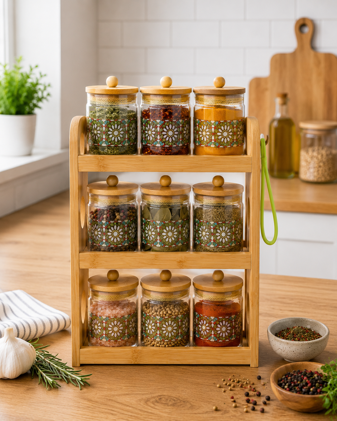 🔥 Set de Especieros Decorativos 9 Piezas | Frascos de Vidrio con Tapas de Bambú y Soporte Incluido 🔥 La combinación perfecta de organización, elegancia y funcionalidad para mantener tu cocina siempre impecable. 🌿✨🏡