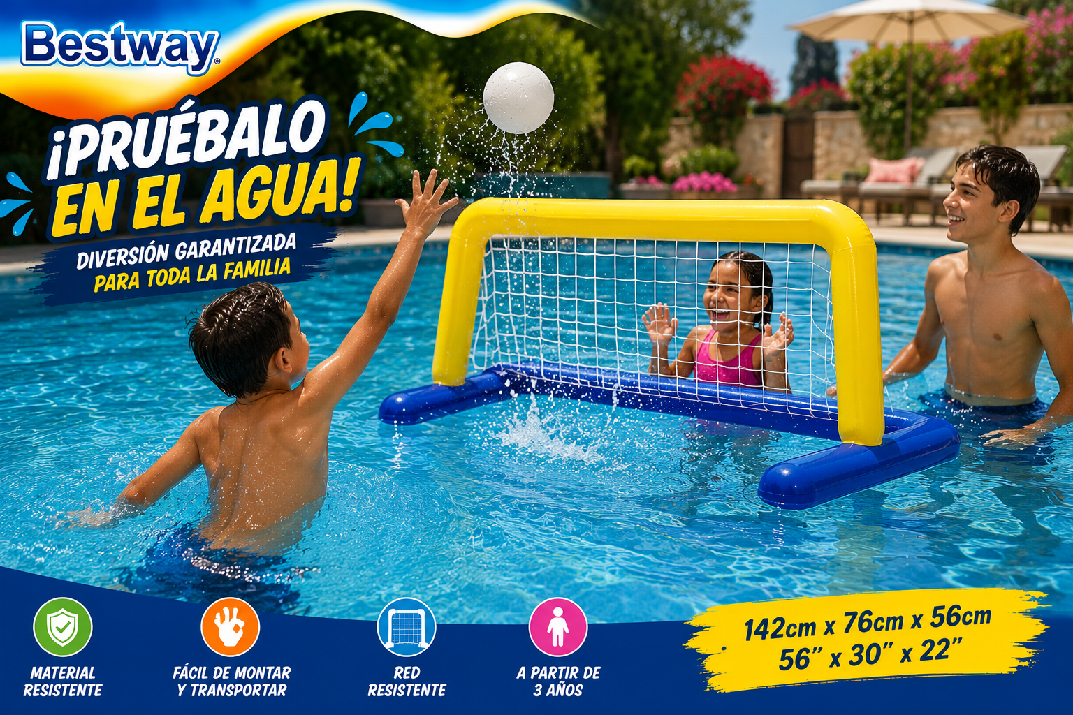 🏐 Portería Flotante Hinchable Bestway para Piscina | 142 × 76 cm | Incluye Balón Inflable | PVC de Alta Resistencia | Juego Acuático Infantil +3 Años