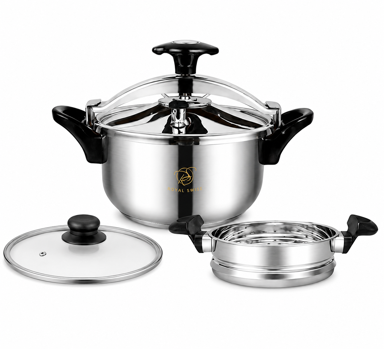 🔥 Olla a Presión Royal Swiss RS-CSA-10 | Acero Inoxidable con Tapa de Vidrio y Vaporera 🔥