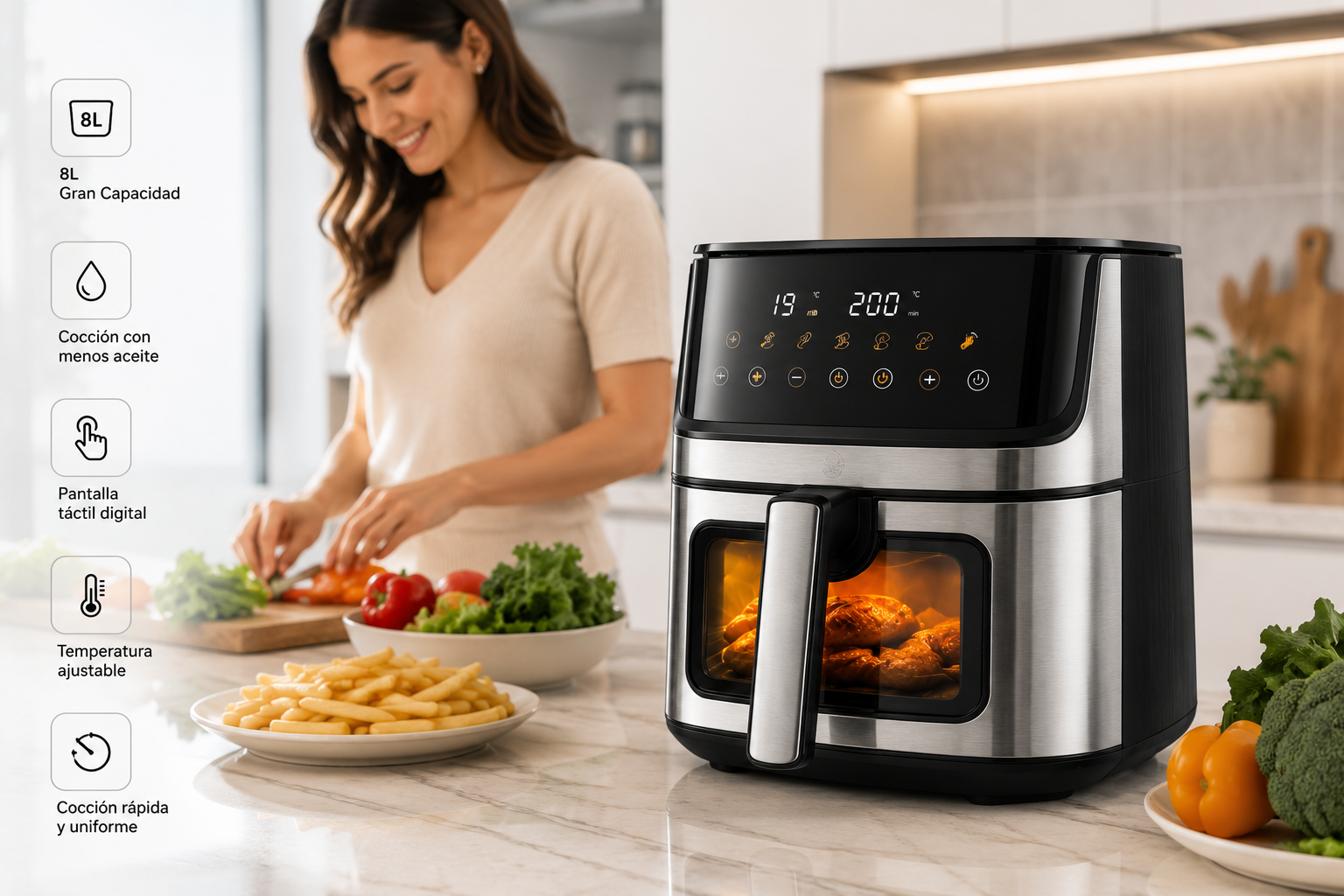 🔥 Freidora de Aire Royal Swiss XXL 8L | Ventana de Visualización y Panel Digital Táctil 🔥  Disfruta de comidas más saludables, crujientes y deliciosas para toda la familia con la comodidad de la tecnología Royal Swiss. 🍽️✨