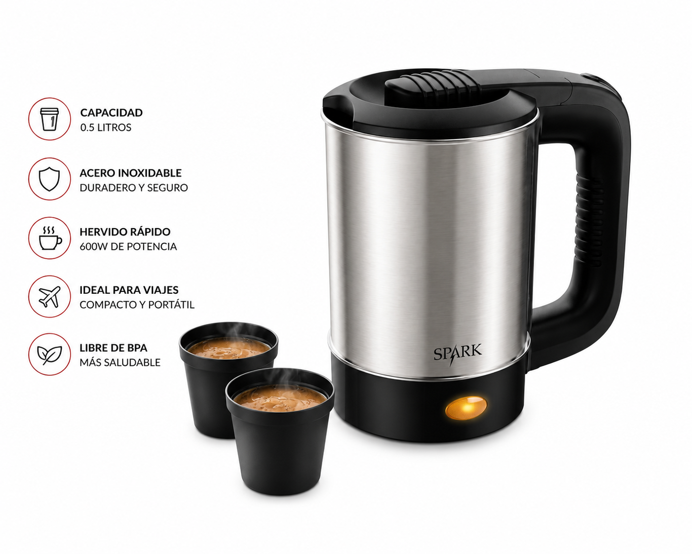 🔥 Hervidor Eléctrico de Viaje SPARK 0,5L | Compacto, Rápido y Libre de BPA 🔥  Disfruta de tus bebidas calientes favoritas en cualquier momento y lugar con total comodidad. ☕✨🌍