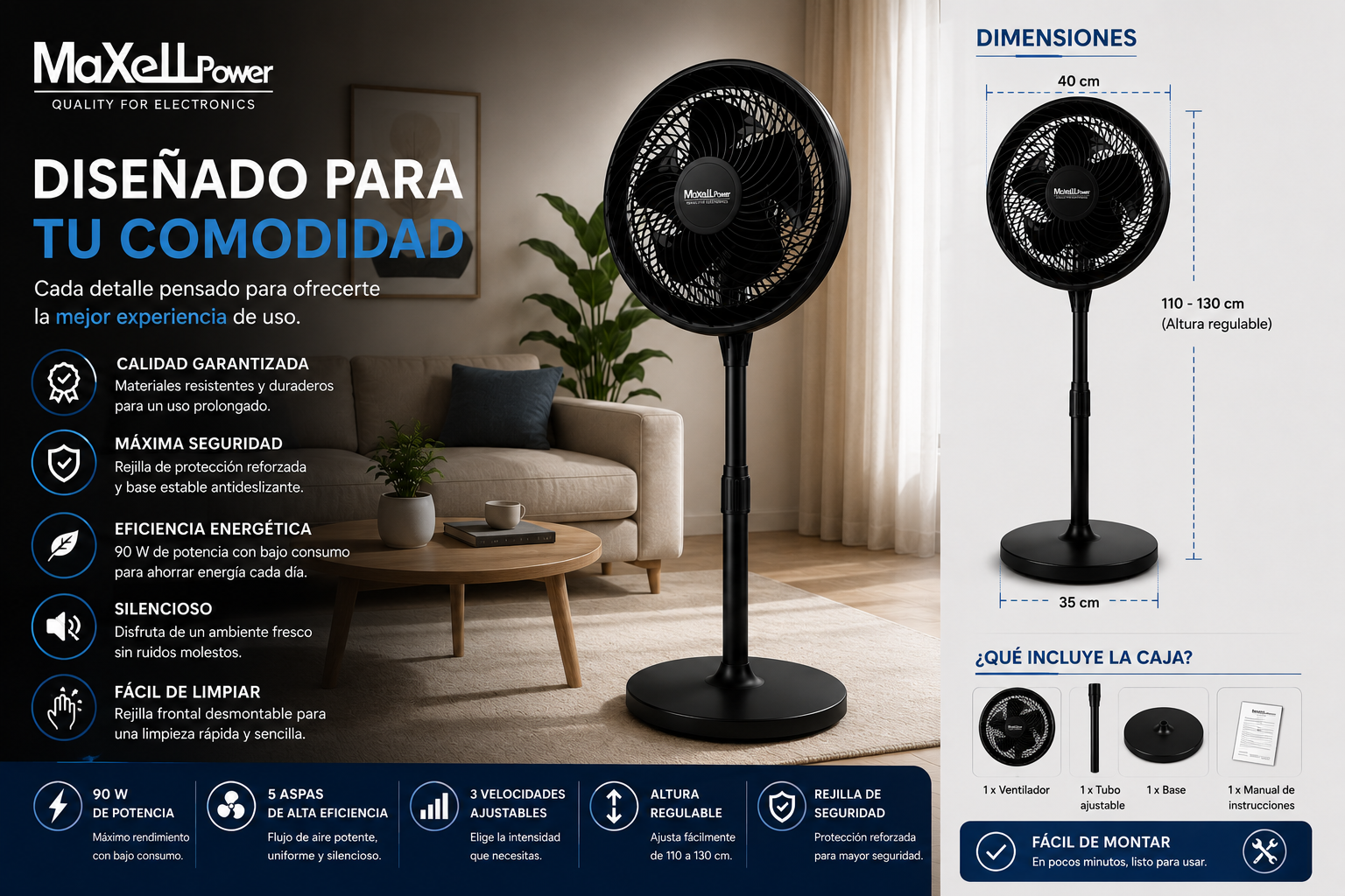 Ventilador de Pie 90W de Alta Velocidad | 5 Aspas | 3 Velocidades | Altura Regulable | Rejilla de Seguridad | Maxell Power