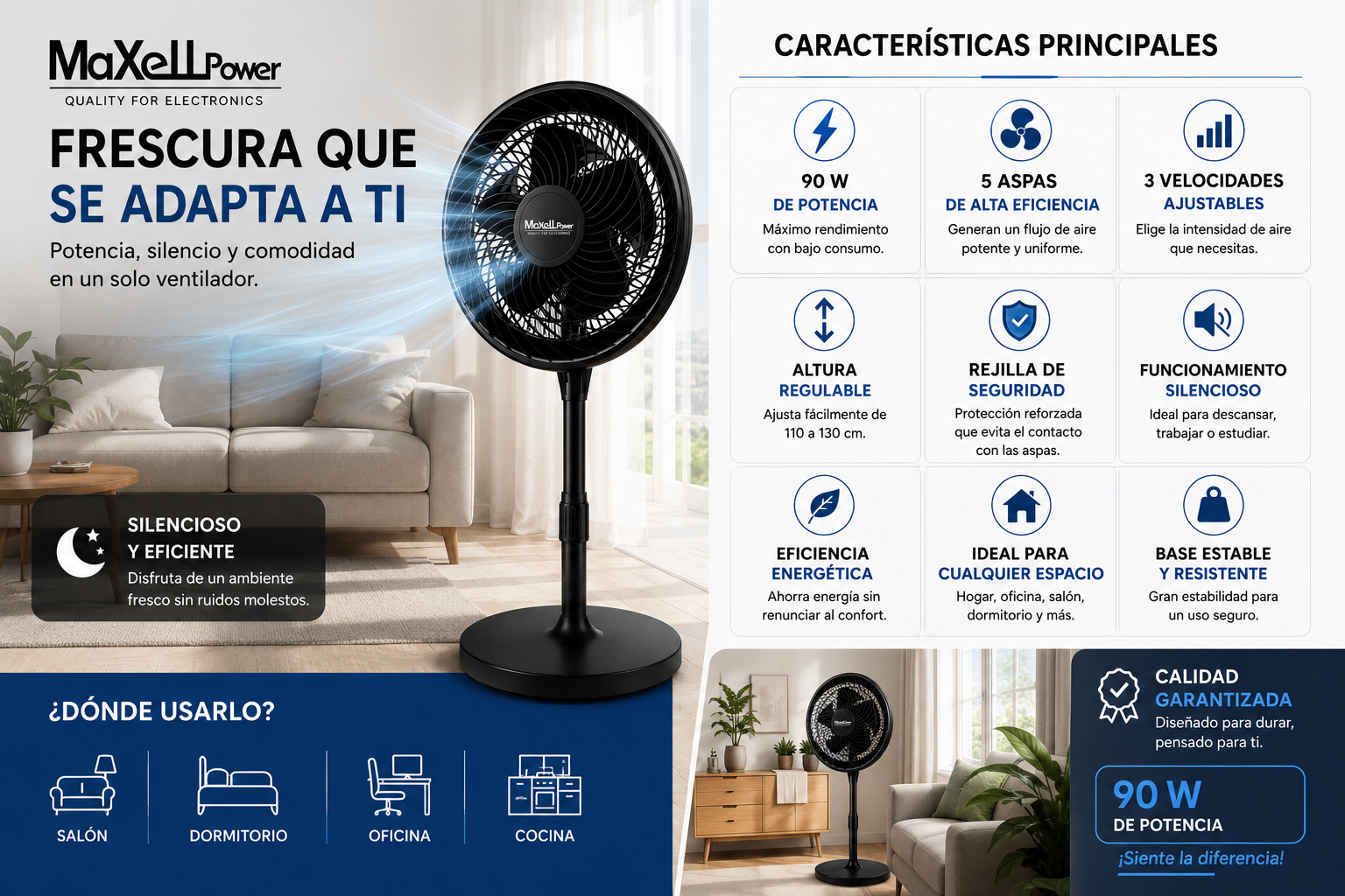 Ventilador de Pie 90W de Alta Velocidad | 5 Aspas | 3 Velocidades | Altura Regulable | Rejilla de Seguridad | Maxell Power
