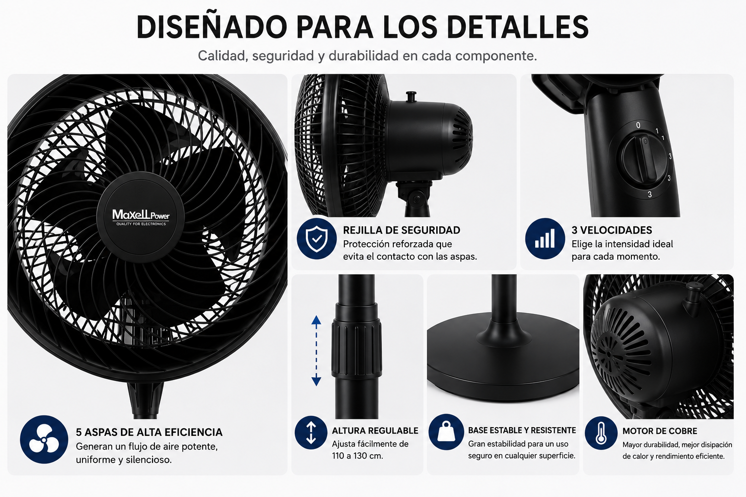 Ventilador de Pie 90W de Alta Velocidad | 5 Aspas | 3 Velocidades | Altura Regulable | Rejilla de Seguridad | Maxell Power