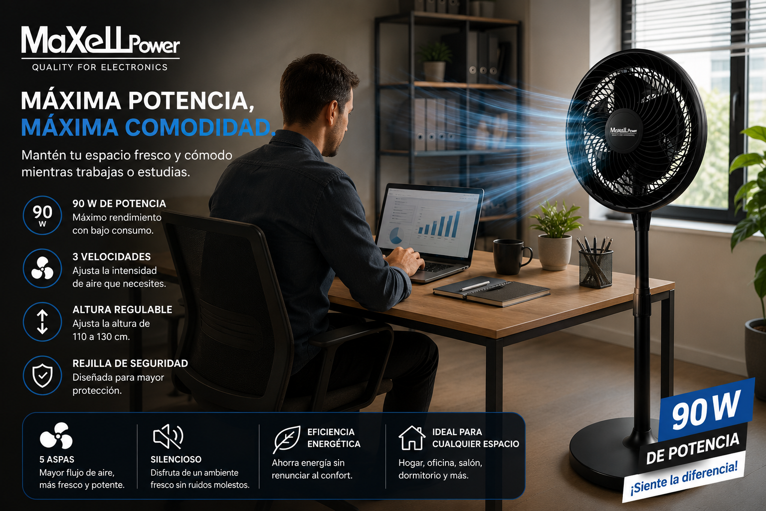 Ventilador de Pie 90W de Alta Velocidad | 5 Aspas | 3 Velocidades | Altura Regulable | Rejilla de Seguridad | Maxell Power
