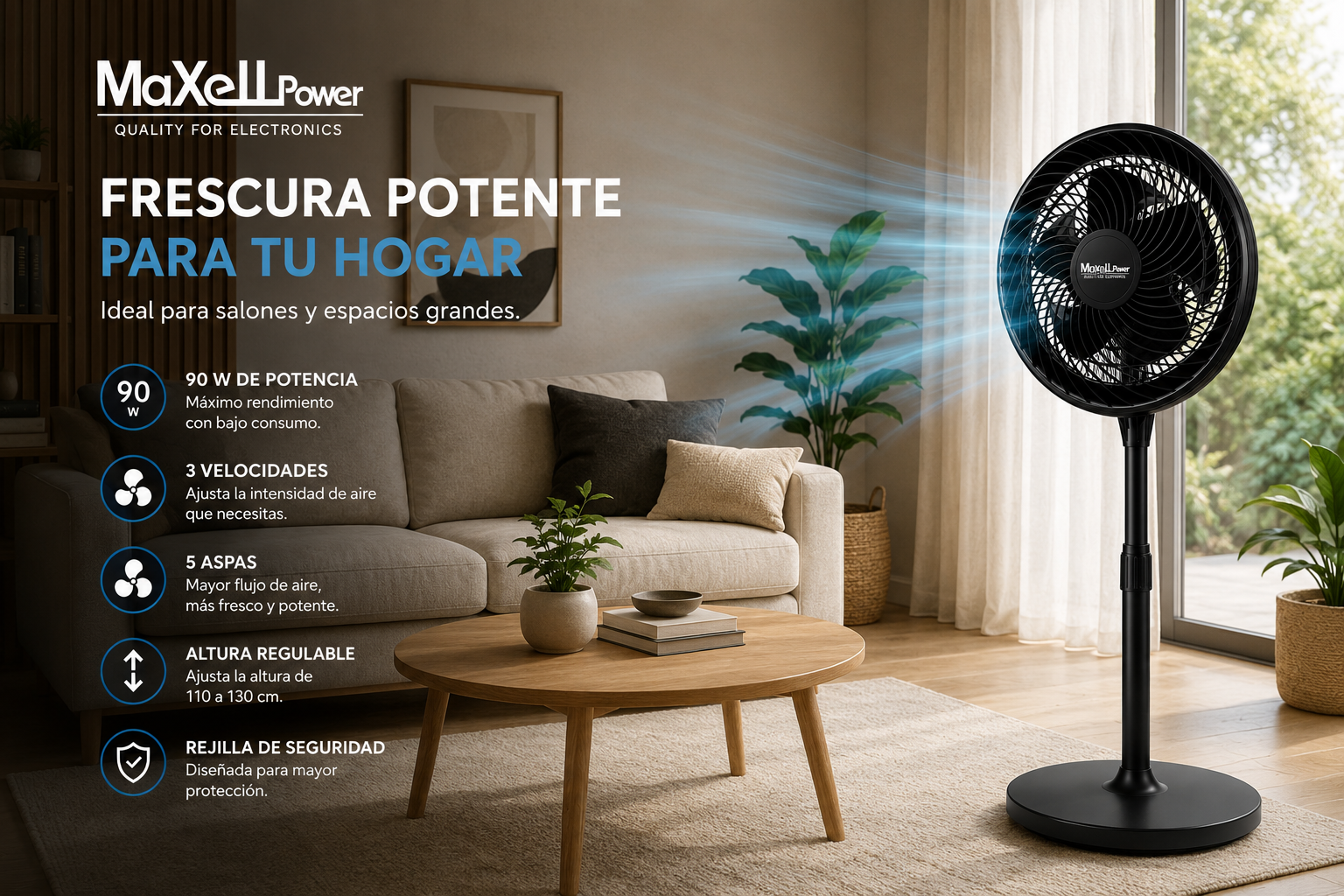 Ventilador de Pie 90W de Alta Velocidad | 5 Aspas | 3 Velocidades | Altura Regulable | Rejilla de Seguridad | Maxell Power