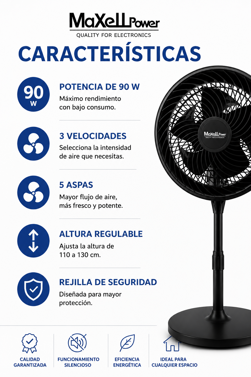 Ventilador de Pie 90W de Alta Velocidad | 5 Aspas | 3 Velocidades | Altura Regulable | Rejilla de Seguridad | Maxell Power