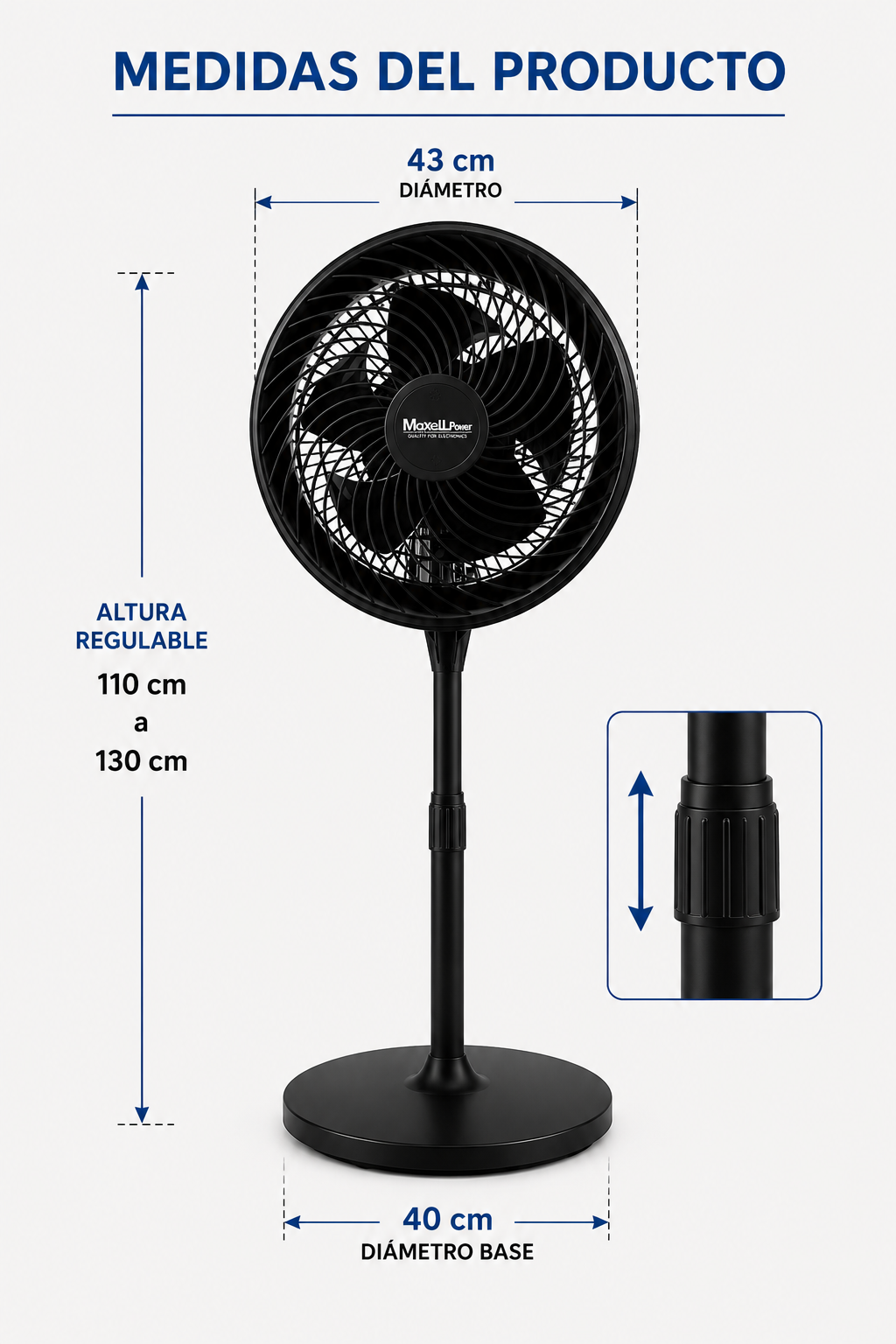 Ventilador de Pie 90W de Alta Velocidad | 5 Aspas | 3 Velocidades | Altura Regulable | Rejilla de Seguridad | Maxell Power