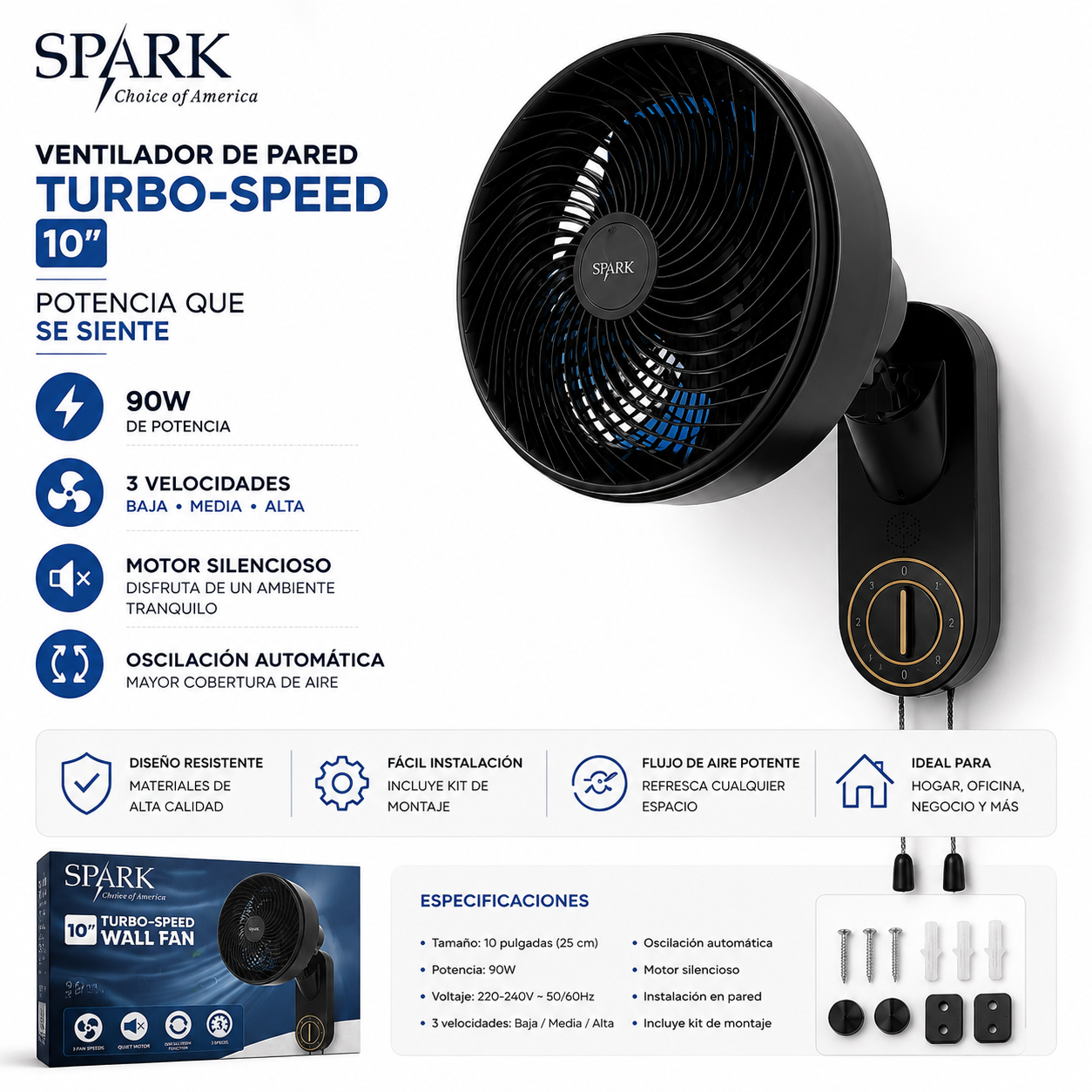 Ventilador de Pared SPARK Turbo-Speed 10" 90W | 3 Velocidades | Oscilación Automática | Motor Silencioso | Inclinación Ajustable