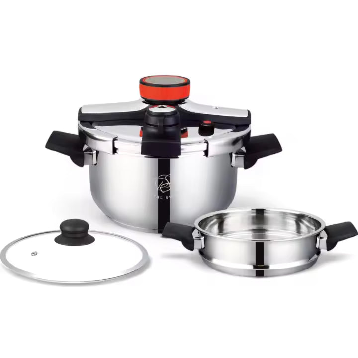 Olla a Presión MR kitchen automática de Acero Inoxidable para Inducción y Gas Incluye Cesta Vaporera y Tapa de Cristal Segura y de Bajo Consumo