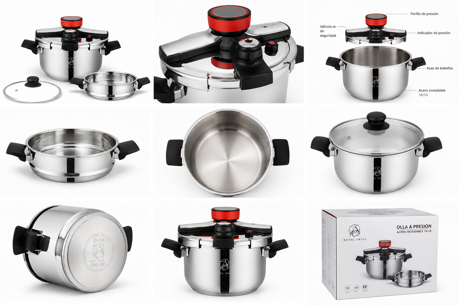 Olla a Presión MR kitchen automática de Acero Inoxidable para Inducción y Gas Incluye Cesta Vaporera y Tapa de Cristal Segura y de Bajo Consumo