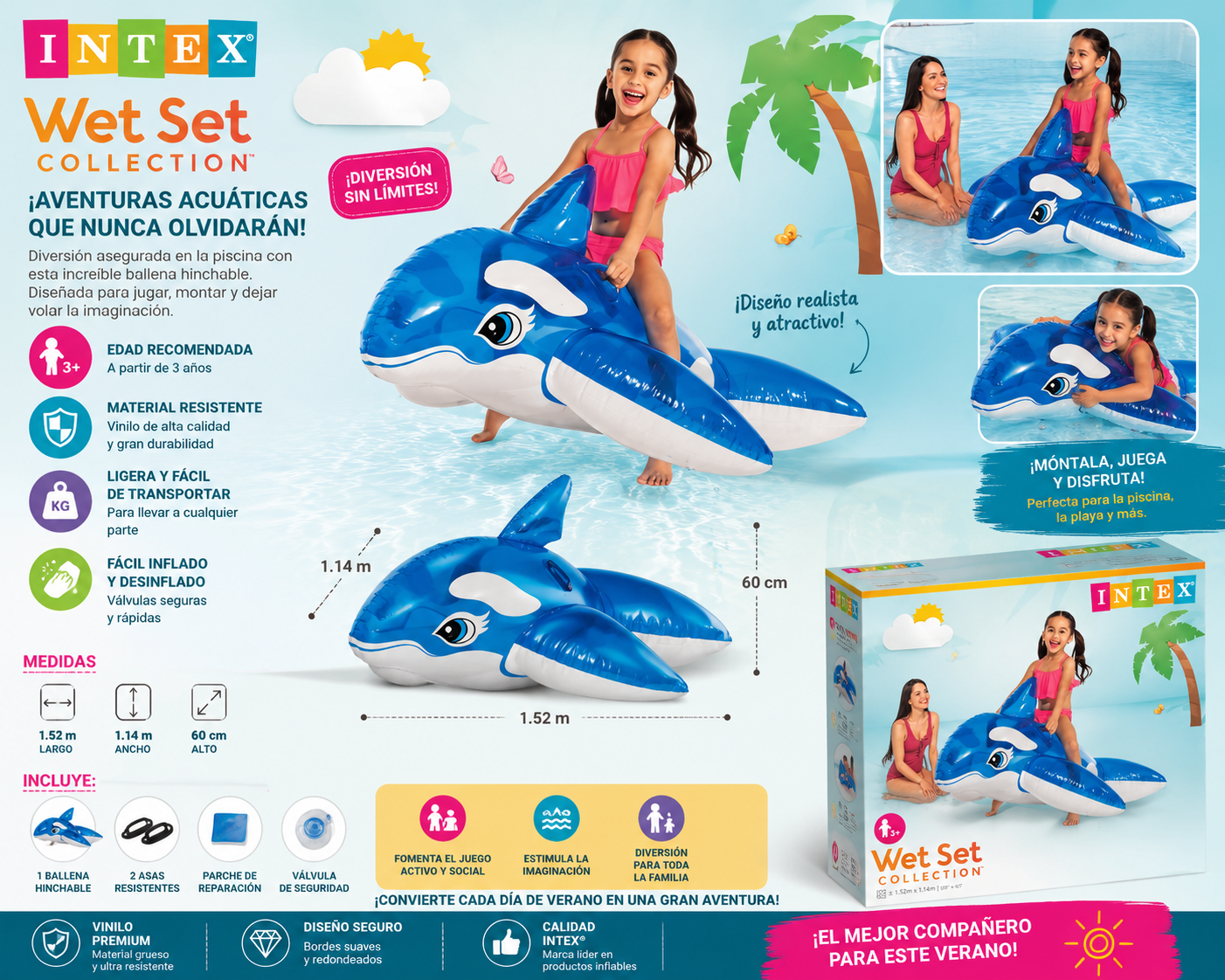 🐬 Ballena Hinchable Infantil Intex Wet Set Collection | 152 × 114 cm | PVC de Alta Resistencia | Flotador para Piscina y Playa | +3 Años