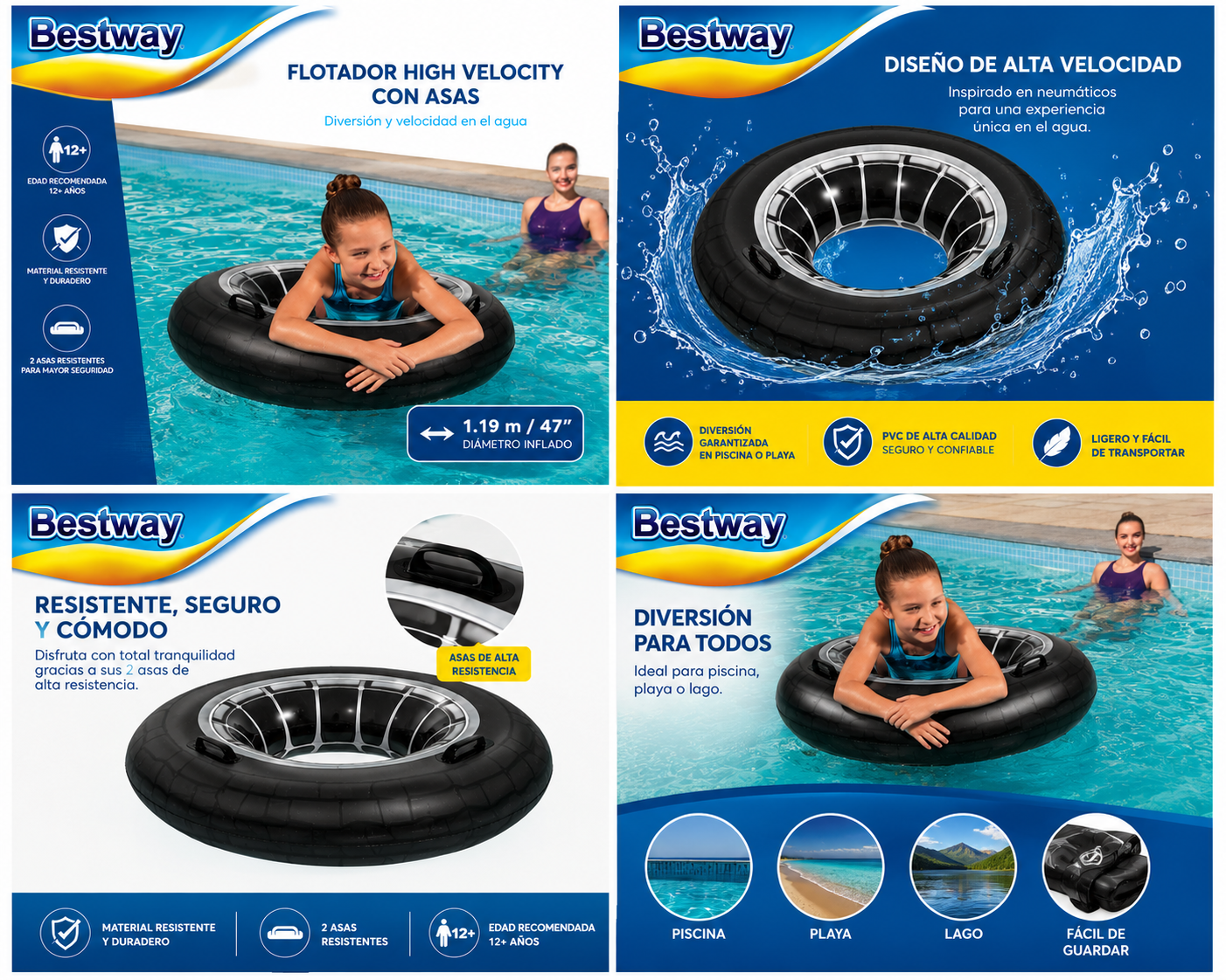 Bestway Flotador Hinchable XXL con Asas | Diseño Neumático Gigante 119 cm | Vinilo Reforzado | Ideal para Piscina, Playa y Lago | +12 Años